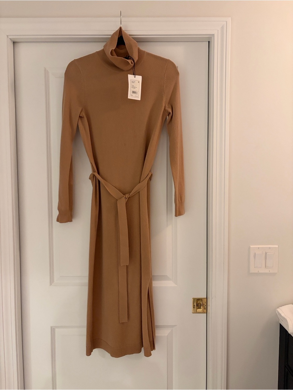 Theory Camel Long-Sleeve Turtleneck Knit Dress with Waist Tie
